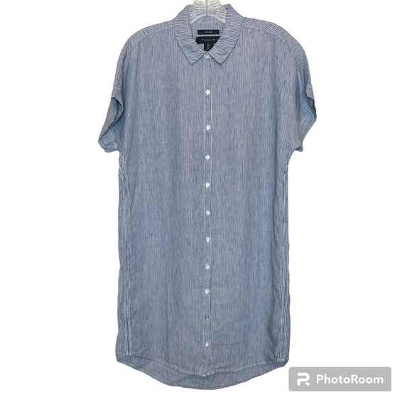 Tahiti 100% Linen Striped Blue Button Down Shirt Cuff Short Sleeve Dress XS - Picture 1 of 12
